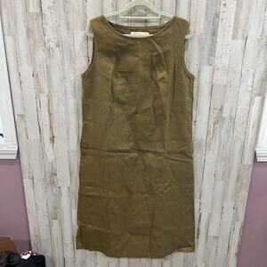 Two Days Off 100% Linen Suki Sheath Dress Pockets Moss Green Lagenlook Medium